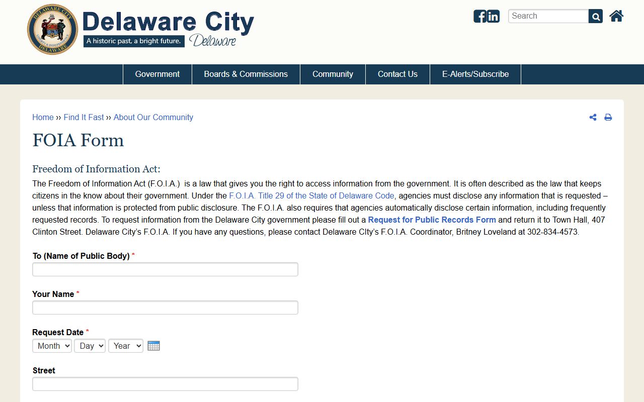 Delaware City FOIA request form - Delaware City inmate population public records
