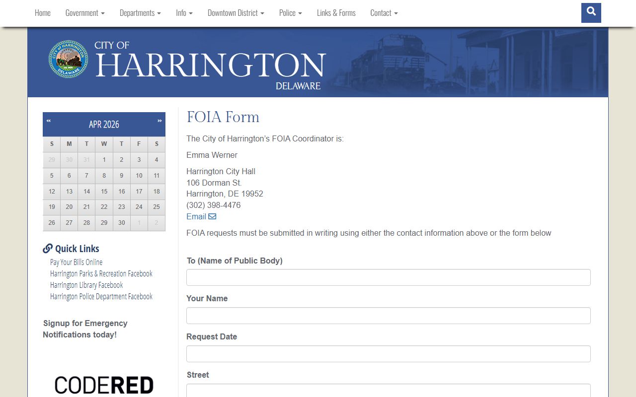 City of Harrington FOIA request form - Harrington inmate population public records
