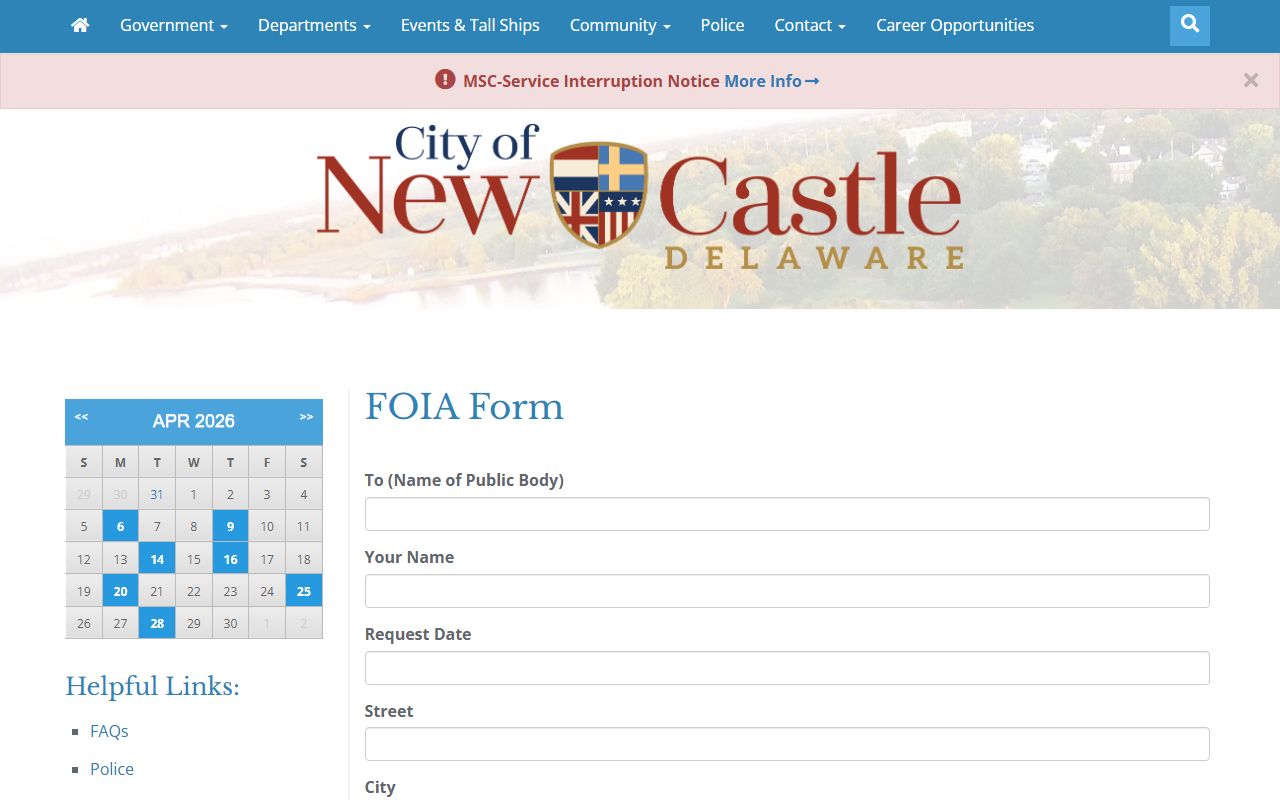 City of New Castle FOIA request form - New Castle inmate population public records