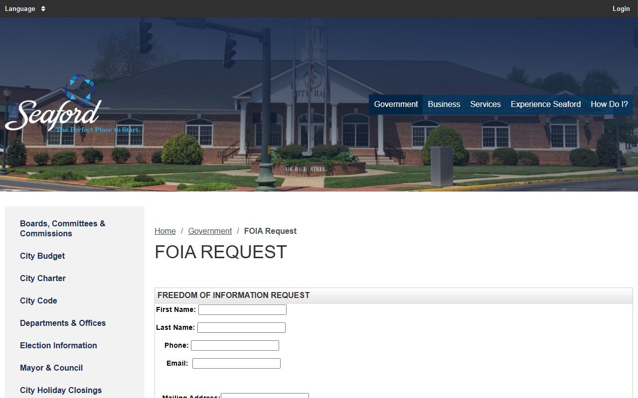 City of Seaford FOIA request form - Seaford inmate population public records