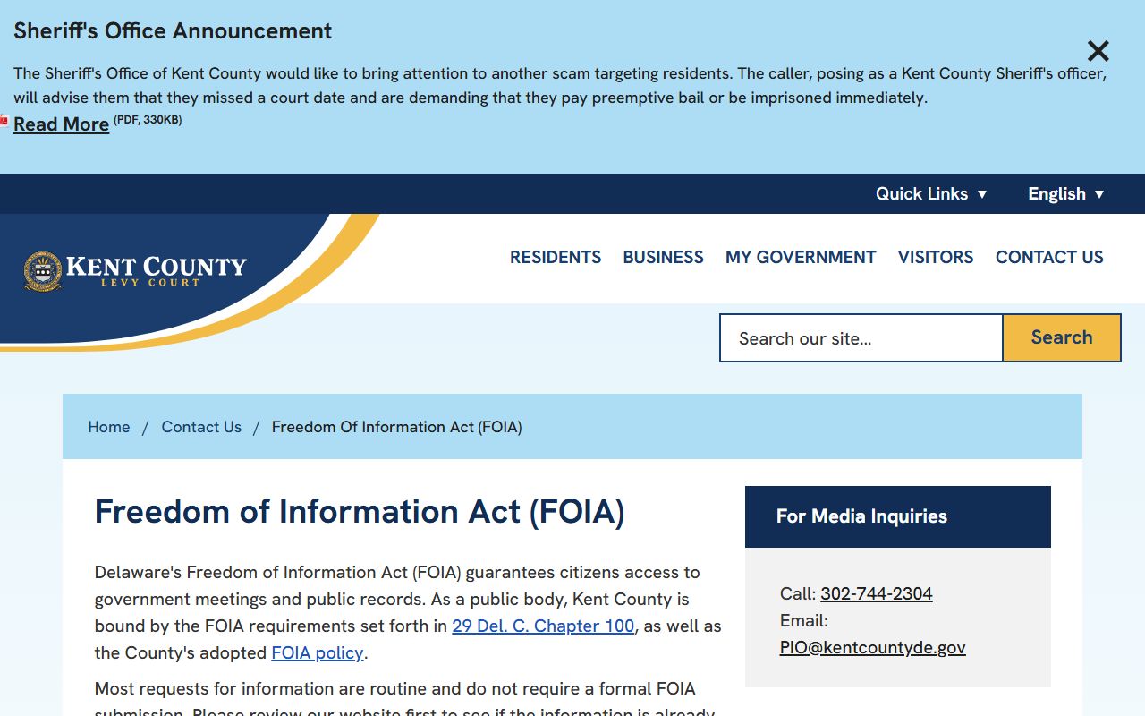 Kent County FOIA request page - request inmate population and public records