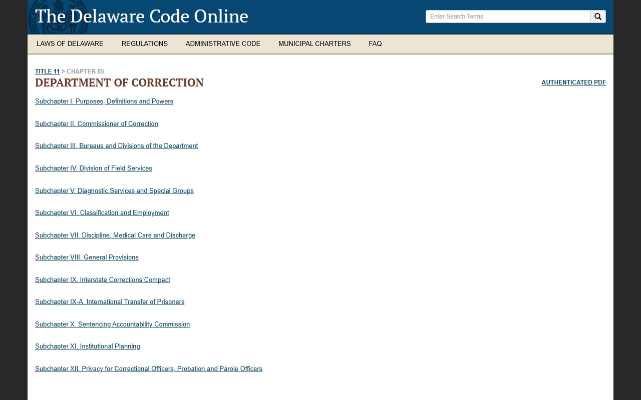 Delaware Title 11 Chapter 65 corrections statutes - Delaware inmate population laws