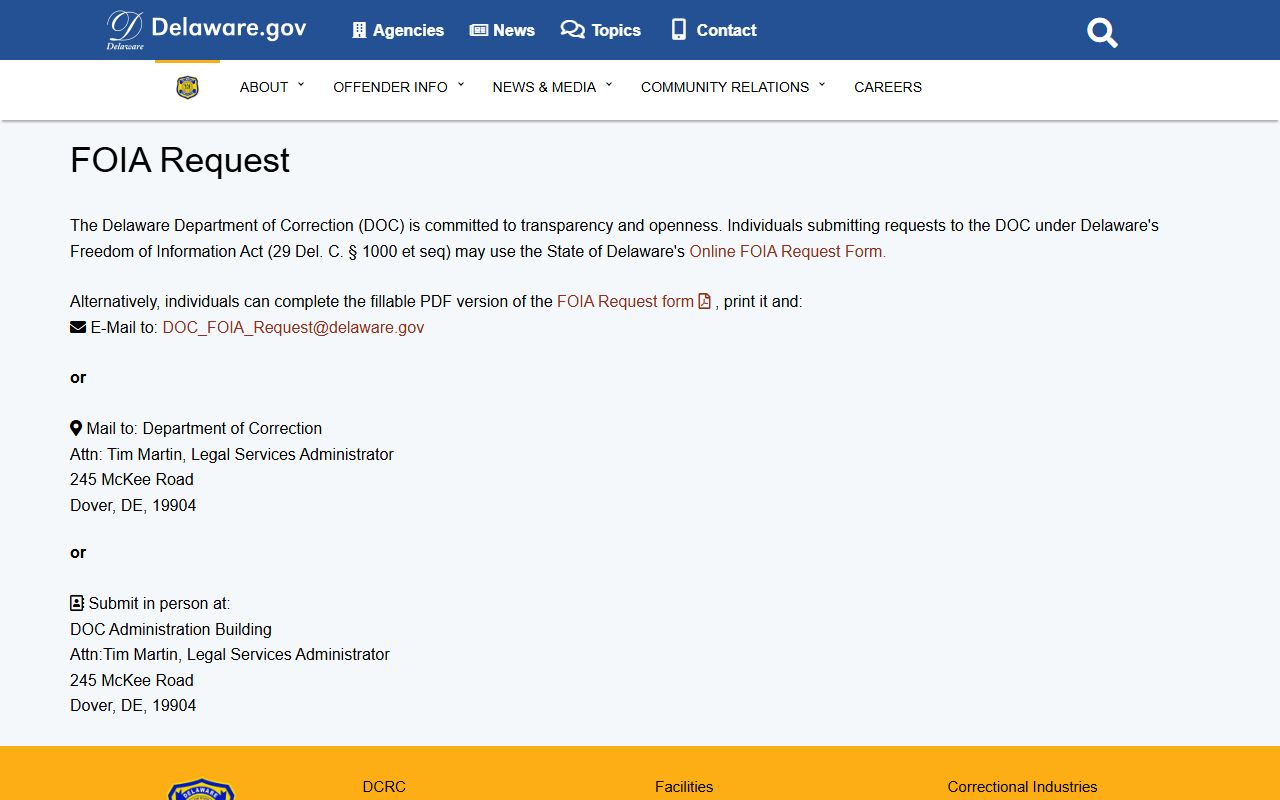 Delaware DOC FOIA request page - request Delaware inmate population records