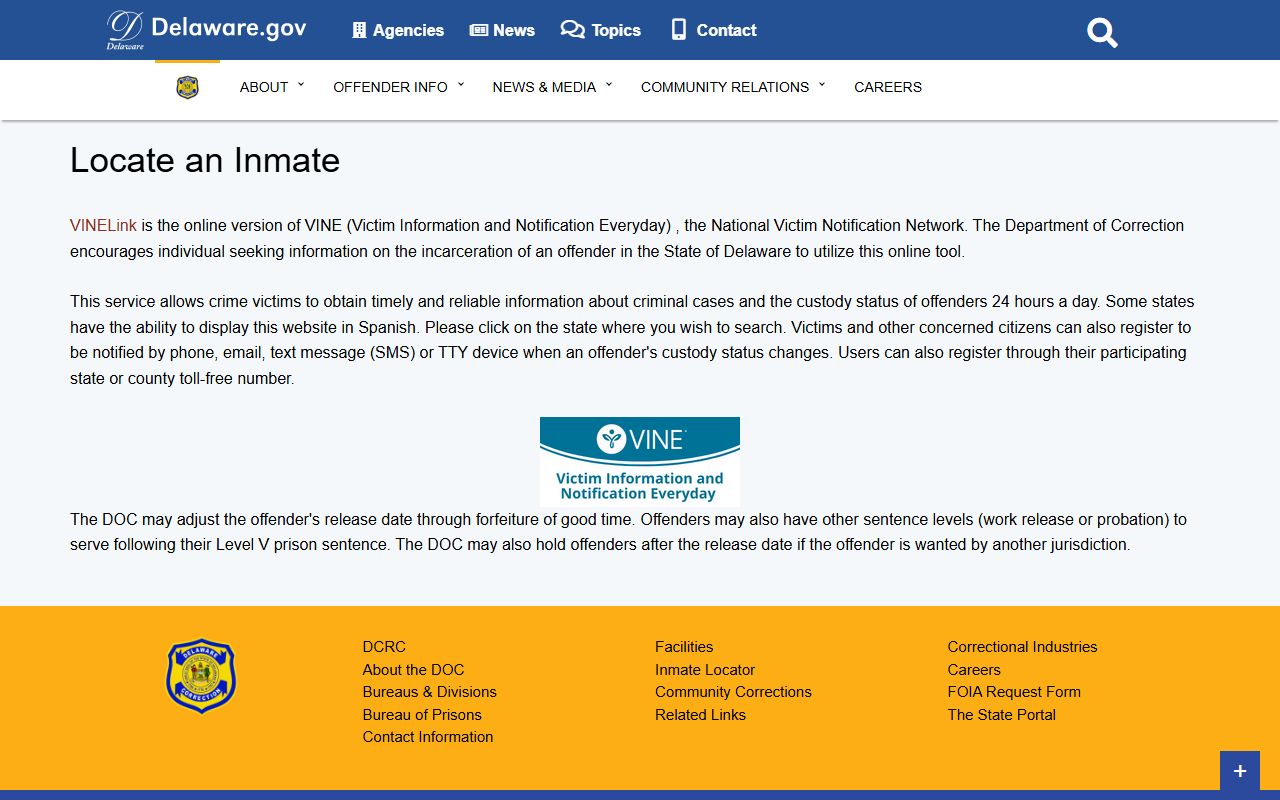 Delaware DOC inmate locator VINELink search - Delaware inmate population lookup tool