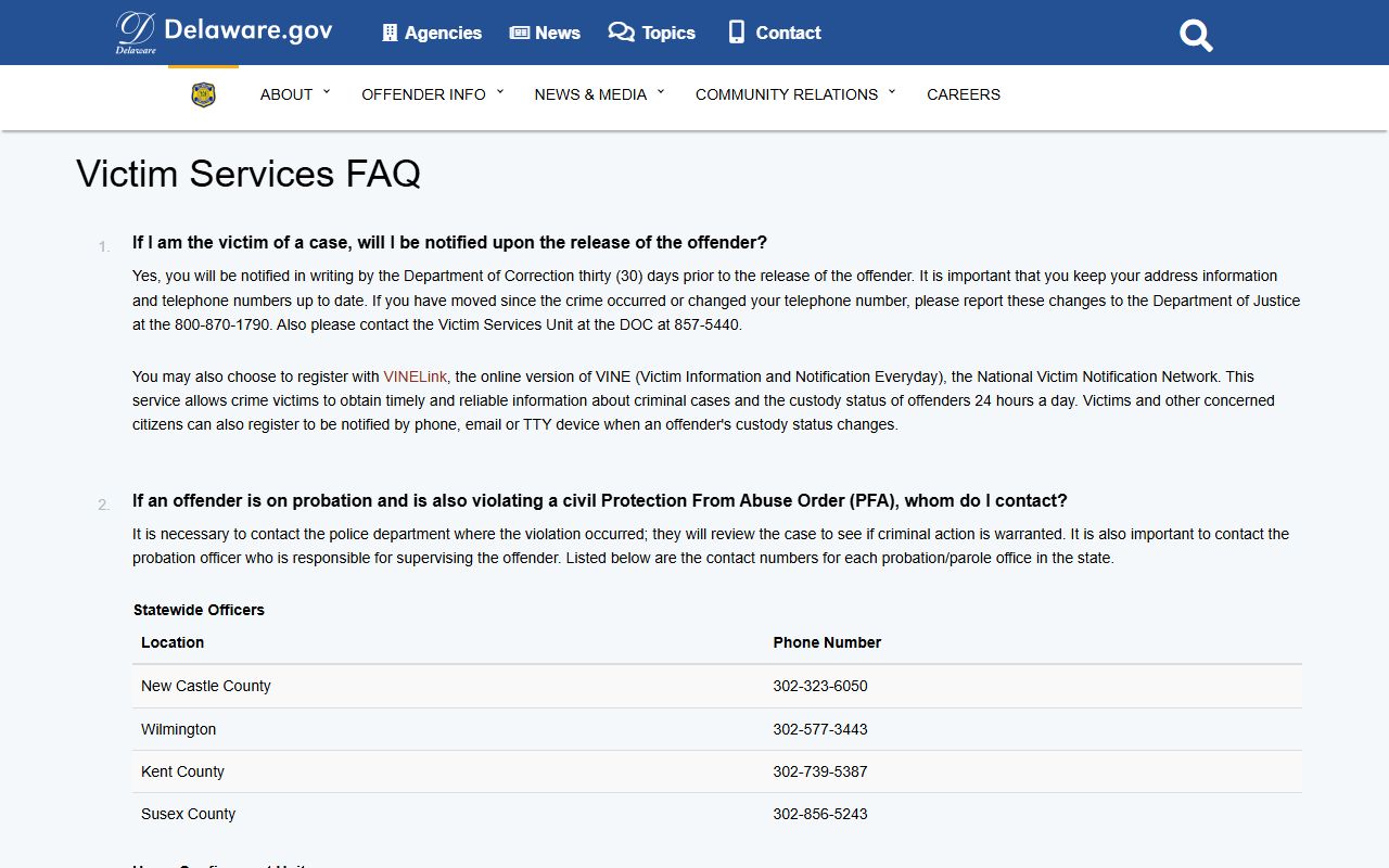 Delaware DOC victim services FAQ - victim notifications for Delaware inmate population changes