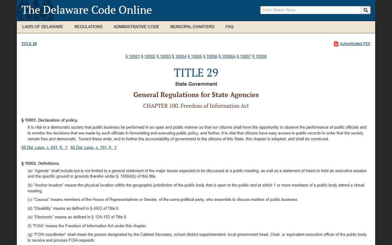 Delaware Title 29 Chapter 100 FOIA statute - Delaware public records law